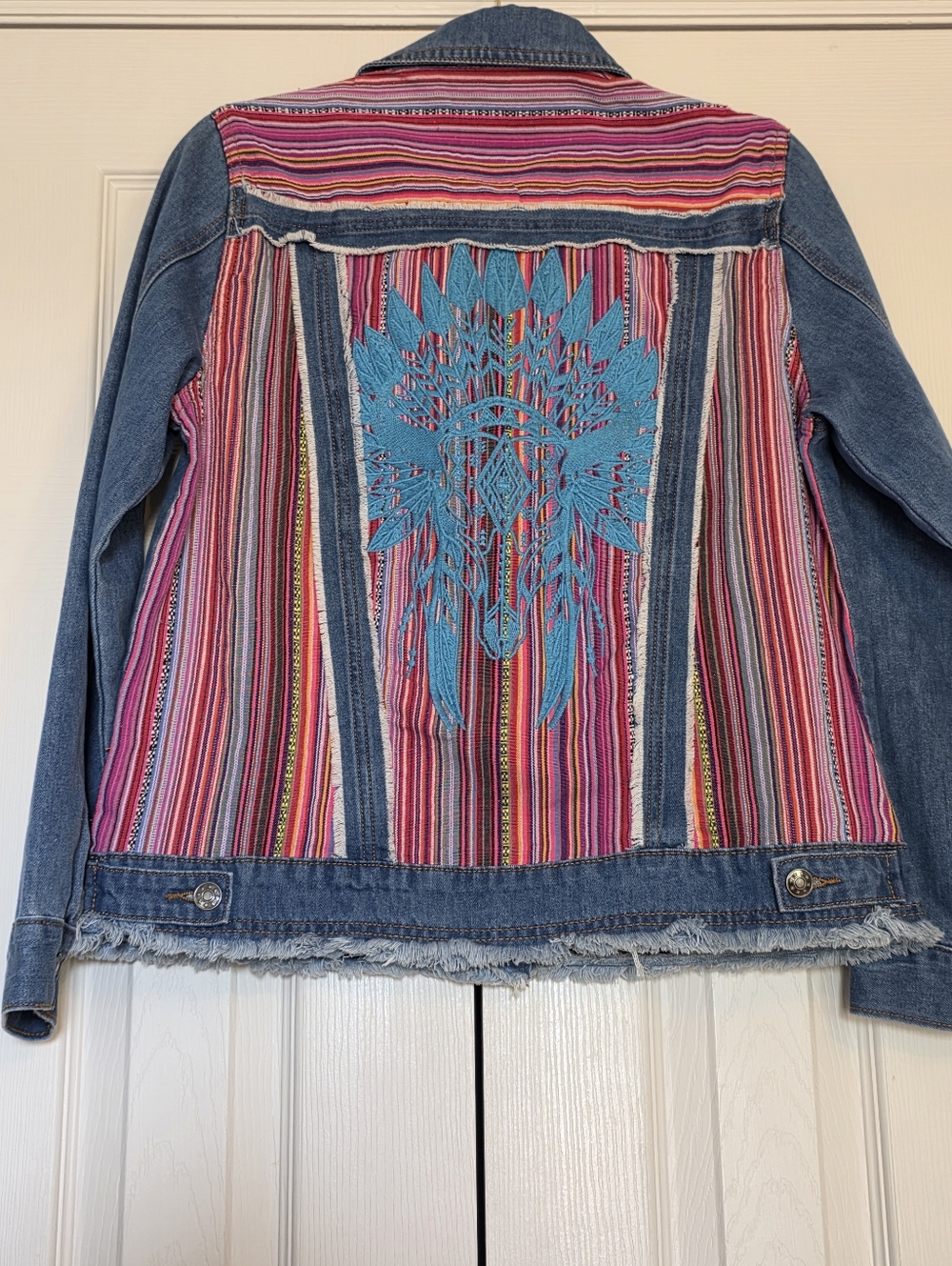 Savanna Jane Denim Western Jacket with Pink & Red Striped Yoke Embroidered Back - Picture 3 of 14